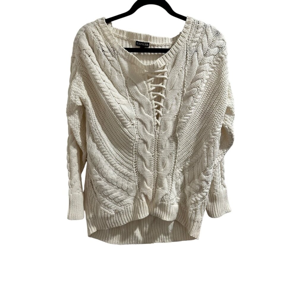 🍒 2/$20 🍒Express Womens Cable Knit Sweater With Lace-Up Front Ivory Size S